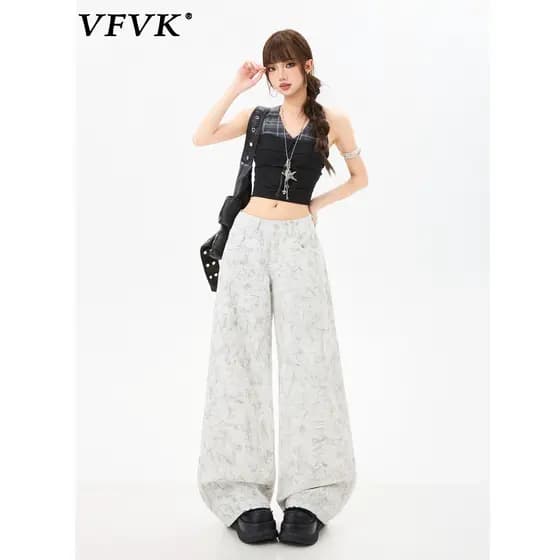 Vfvk Jeans branco de cintura baixa feminino 2026 novo estilo verão americano Retro impressão Digital mais magro olhar ca