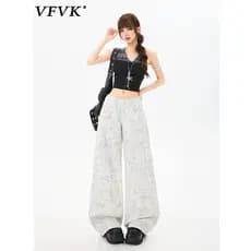 Vfvk Jeans branco de cintura baixa feminino 2026 novo estilo verão americano Retro impressão Digital mais magro olhar ca