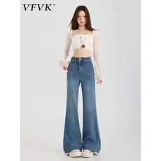 Vfvk azul americano queimado Jeans feminino 2026 verão novo estilo cintura alta estiramento fino ajuste mais magro olhar