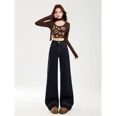 Vfvk calças estreitas de pernas largas femininas 2026 novo estilo Jeans azul escuro reto não desbotado Drape calças de a