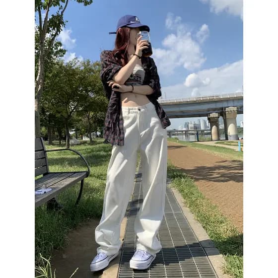 Vfvk Jeans branco feminino verão estilo fino 2026 novo estilo solto Drape calças de perna larga mais magro olhar opaco c