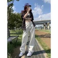 Vfvk Jeans branco feminino verão estilo fino 2026 novo estilo solto Drape calças de perna larga mais magro olhar opaco c