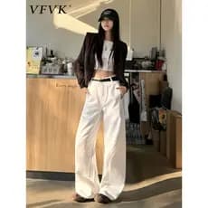 Vfvk calças brancas Jeans femininas 2026 novo estilo verão americano solto perna larga calças de perna reta Drape sentim