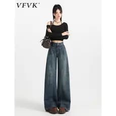 Vfvk Jeans estreito de perna larga feminino 2026 novo estilo americano Retro forma pêra mais magro olhar verão calças re