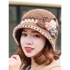 K chapéu de malha senhoras outono inverno chapéu de lã clássico estilo ocidental chapéu feminino flor velo balde chapéu