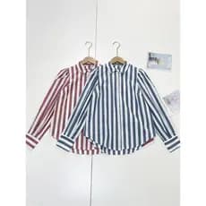 E2 algodão pedido exterior estilo Preppy clássico listras largas 26 primavera lapela manga bufante camisa Commuter solto
