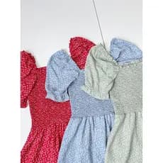 E4 pequena exportação Floral único 25 verão novo estilo feminino pescoço quadrado cintura elástica impresso manga Puff v