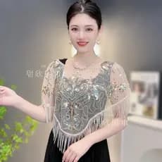 [Xale de lantejoulas de pétalas] Verão elegante All-Match borla estilo ocidental capa blusa Cheongsam manto doce cacheco