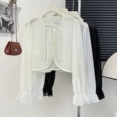 Novo estilo chinês Super fada Chiffon fivela protetor solar camisa feminina 2024 verão novo estilo doce pequeno colete f