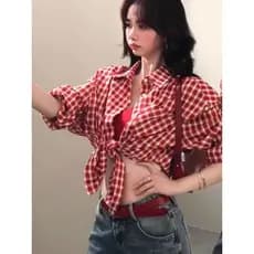 Japonês Retro vermelho xadrez camisa jaqueta feminina verão vintage solto sentimento Casual protetor solar camisa jaquet