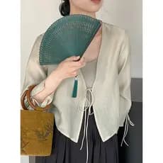 Zen novo estilo chinês topo feminino verão estilo chinês trompete manga rendas protetor solar camisa Design curto estilo