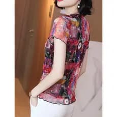 Camisa de renda impressa novo estilo malha elástica camiseta feminina verão em torno do pescoço de manga curta magro-aju