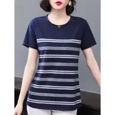 Camiseta de manga curta feminina verão novo estilo listrado mãe camiseta tamanho grande solto gordura mm cobrindo carne