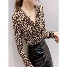 Dança latina leopardo impressão camiseta de manga comprida com decote em v topo feminino leopardo impressão camisa de fu
