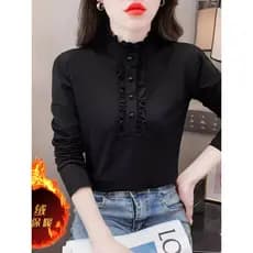 Mãe café cor interior folha de lótus colarinho topo feminino outono inverno novo estilo fungo borda manga comprida t más