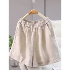 Shorts de linho de algodão solto feminino verão estilo fino 2025 novo estilo linho senhoras Casual cintura alta tamanho