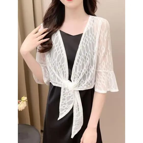 Verão curto exterior pequeno xale Cardigan jaqueta fina renda All-Match protetor solar roupas com estilingue saia Chiffo