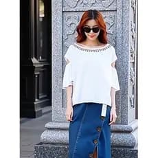 Lixin Desconto Feminino duas linhas marca série gabinete remoção moda em torno do pescoço bordado fora do ombro camisa