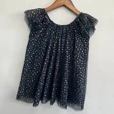 Suave céu estrelado azul marinho gaze saia superior infantil manga voadora solta vestido de boneca linha A T198