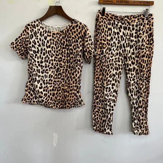 Retro leopardo impressão Casual terno em torno do pescoço de manga curta calças retas casa Outing rua all-match terno de