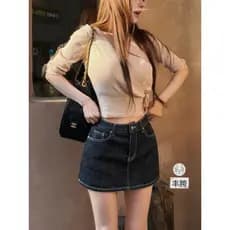 [Saia jeans feminina de pernas compridas] Saia jeans retrô que aumenta a virilha, Design feminino, linha a, saia curta e