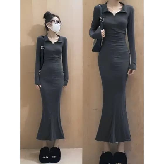 Puro desejo quente menina pequena lapela elegante vestido de manga comprida feminino fino ajuste mais magro olhar Hip-co