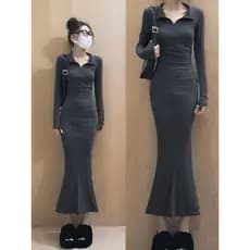Puro desejo quente menina pequena lapela elegante vestido de manga comprida feminino fino ajuste mais magro olhar Hip-co