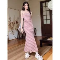 Arco-íris listrado malha estilingue vestido feminino primavera verão dopamina férias à beira-mar magro-ajuste pequena mã