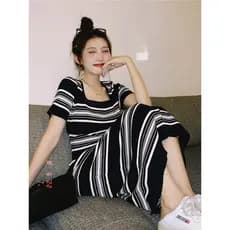 Americano Retro listrado de manga curta vestido de malha feminino verão novo estilo coreano Casual mais magro olhar cint