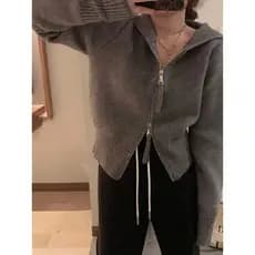 Americano macio ceroso com capuz duplo zíper de malha Cardigan feminino outono inverno estilo coreano mais magro olhar c