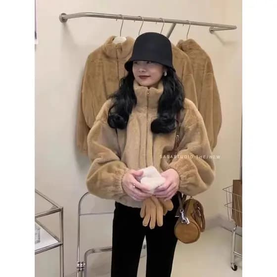 Europeu americano pele sintética vison pelúcia jaqueta com capuz feminino outono inverno moda versão coreana solta Casua