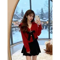 Macio ceroso doce picante com decote em V Bowknot vermelho malha Cardigan feminino outono inverno ano novo Design pequen