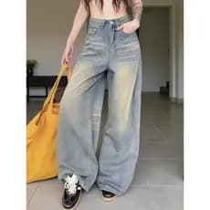 Americano Retro lavado calças de brim retas femininas primavera outono cintura alta solta calças de perna larga All-Matc