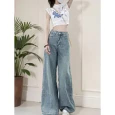 Americano Retro lavado calças de brim retas femininas primavera outono cintura alta solta calças de perna larga All-Matc