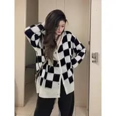 Macio ceroso chique com decote em v xadrez camisola jaqueta feminina outono inverno estilo preguiçoso Cardigan de malha
