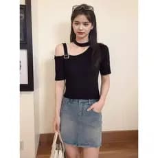 Nicho chique estilo curto quente menina Halterneck sem alças de manga curta de malha camiseta feminina verão versão core
