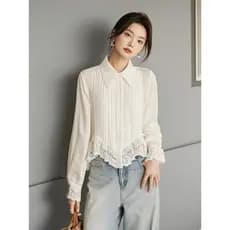 2025 primavera outono novo estilo Chiffon topo estilo legal High-End chique Super bonito renda branca camisa de manga co