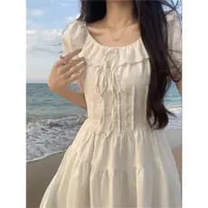 A Sweet yikett <Menina e o Mar> Saia Branca Preppy Fresh Girl Dress Verão