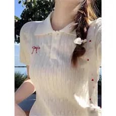 Estilo coreano doce Bowknot torção gola POLO de manga curta camiseta feminina primavera novo estilo jogo interno quente