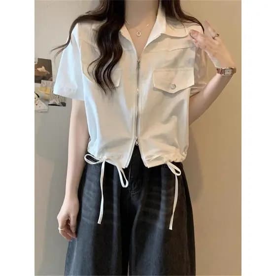 Verão feminino novo estilo macacão curto camisa Design feminino nicho duplo zíper camisa de manga curta jaqueta feminina