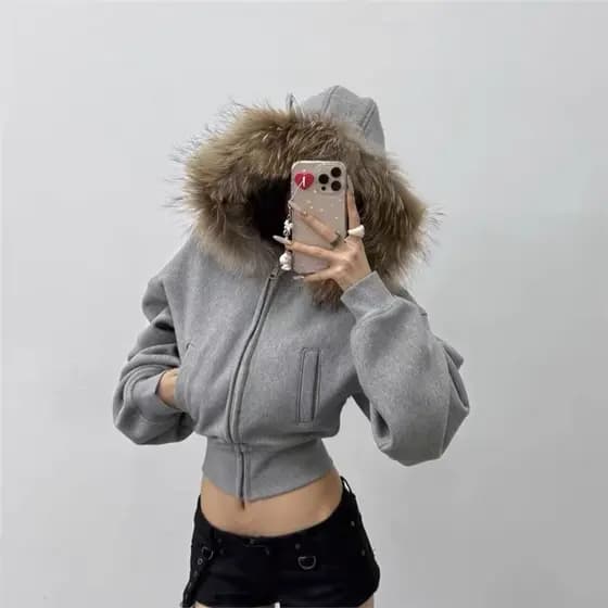 Gola de pele cinza flor cinza curto zíper Hoodie americano Retro fino-ajuste engrossado outono inverno moletom jaqueta f