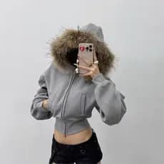 Gola de pele cinza flor cinza curto zíper Hoodie americano Retro fino-ajuste engrossado outono inverno moletom jaqueta f