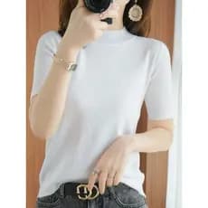 2026 verão novo estilo feminino meia gola alta seda gelo manga curta estilo fino malha solta mais magro olhar H
