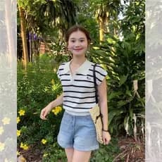 Estilo coreano listrado gelo seda malha de manga curta camisa POLO feminina verão pequena lapela curta pequena manga voa