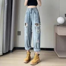 Jeans rasgados feminino verão Design sentir lavado em linha reta Harem cenoura calças pequeno mendigo Casual papai calça
