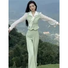 2026 primavera novo estilo elegante terno feminino estilo ocidental Bowknot manga comprida topo cintura alta calças de p