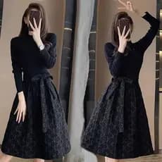 2026 outono moda manga comprida elegante cintura estreita mais magro olhar temperamento falso de duas peças a linha Pett