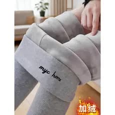 Cinza forro de lã Leggings feminino outono inverno exterior usar grosso cintura alta calças de algodão calças de lã pequ