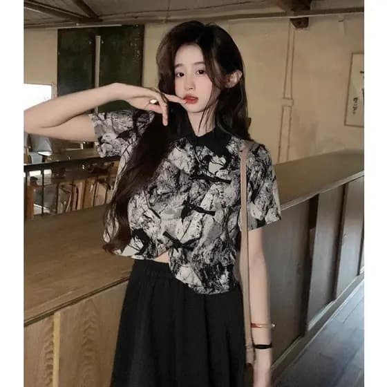 Retro botão Chiffon camisa de manga curta feminina verão Design nicho chique camisa curta novo estilo chinês topo