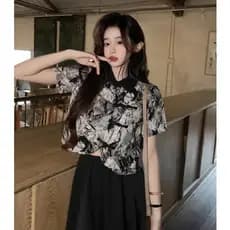 Retro botão Chiffon camisa de manga curta feminina verão Design nicho chique camisa curta novo estilo chinês topo